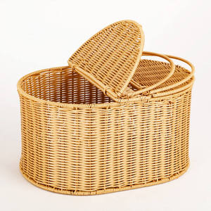 Round Rattan Picnic <b>Basket</b> Cylindrical <b>Wicker</b> Storage Hamper with Leather <b>Handle</b> Open Top Color Block Garden Flower Shopping Bag - Product Image 3