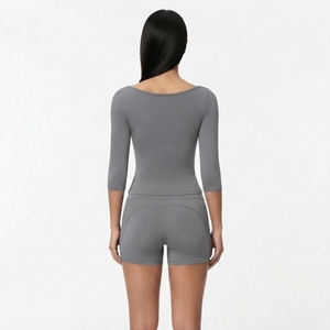 Women’s <b>Stretch</b> Activewear Two Piece Set <b>Long</b> <b>Sleeve</b> <b>Top</b> and Shorts Fitness Yoga Training Workout Clothing Supplier - Product Image 4
