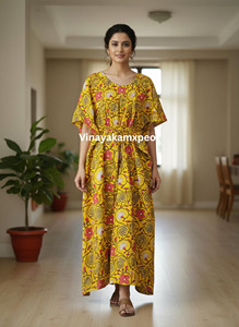 Kimono de Algodón Hecho a Mano para Mujer, Amarillo con Estampado Floral, Estilo Bohemio, Casual, Ecológico, Cintura Alta, Ropa de Resort, Midi - Product Image 4