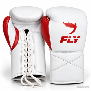 Gants de boxe en cuir Fly, gants d'entraînement lacés pour adultes, blancs avec accents rouges, design léger - Product Image 1