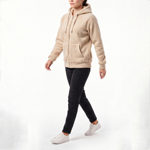 Sweat-shirt à capuche zippé en polaire beige pour femme, manches longues, couleur unie, vêtement d'hiver, design de logo personnalisé, sweat-shirt unisexe pour homme et femme - Product Image 6
