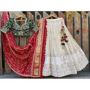 ชุดแต่งงาน georgette ชุดเย็บปักถักร้อยชุด lehenga choli กับ dupatta สีขาว gharara - Product Image 1
