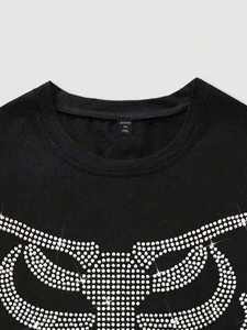 เสื้อยืดผู้ชายลายกราฟิกโครงกระดูกประดับคริสตัลคุณภาพสูง ผ้าฝ้ายทรงโอเวอร์ไซส์ สไตล์สตรีทแวร์ ดีไซน์ตกแต่งคริสตัล - Product Image 3
