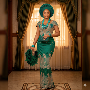 Robe George Lace rouge rubis taille moyenne SRT avec Gele |   Tenue de fête de mariage nigériane de luxe Aso Ebi pour femmes - Product Image 6