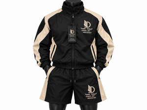 Ensemble de survêtement sportif OARH_INT INDUSTRY pour homme, noir et beige, avec broderies, short en polyester, idéal pour le printemps - Product Image 1