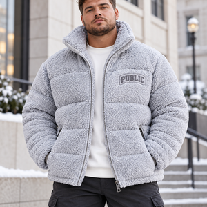 Bulk Custom Grey Sherpa <b>Fleece</b> <b>Jacket</b> Coats Windproof Stand Collar <b>Thick</b> Warm Winter Outerwear Quilted Padding <b>Jackets</b> for <b>Men</b> - Product Image 1