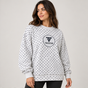 Sweat-shirt à col rond gris chiné clair pour femme avec pois bleu foncé sur toute la surface, manches longues, logo personnalisé - Product Image 4