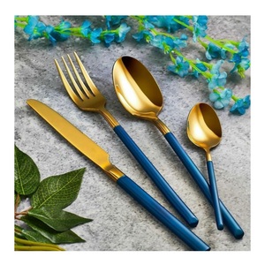 Juego de Cubiertos Decorativos para Mesa, Juego de Cubiertos de Metal con Acabado Dorado, Juego de Cucharas con Mango Azul - Product Image 1