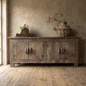 Buffet en bois vieilli à quatre portes, style rustique campagnard, finition patinée, meuble de rangement pour salon - Product Image 4