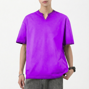 T-shirt décontracté à col en V surdimensionné pour homme, manches courtes, gris uni, tricoté - Product Image 6