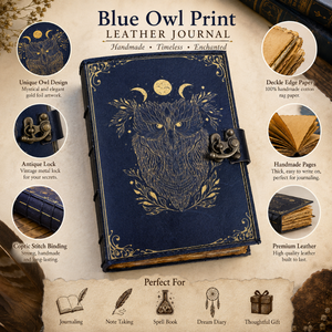 Diario de cuero con estampado de búho azul, hecho a mano, con tapa dura, encuadernación cosida, papel con borde deshilachado, diseño de hechizo de mago, impresión digital - Product Image 5