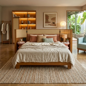 Base de Cama de Plataforma de Madera de Teca Sólida, Estilo Japandi Moderno, Tamaños King y Queen, Cabecero Tapizado, Mesitas de Noche Laterales de Ratán - Product Image 5