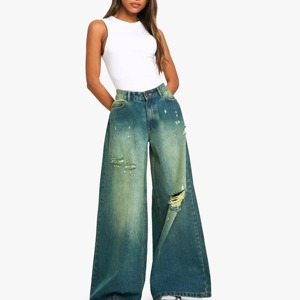 Premium Women High Waist Wide Leg Ripped Denim Jeans Blue Distressed Baggy Trousers For Casual Streetwear And Everyday Fashion - Product Image 5
