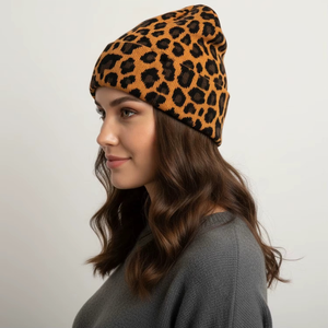 Unisex <b>Leopard</b> <b>Print</b> Camouflage Jacquard Beanie <b>Hat</b> 100% Acrylic Winter Warm Vintage Style Beach Cap for Adults - Product Image 3