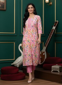 Conjunto de Kurta y Pantalón Recto de Algodón Rosa Estampado, Cuello Redondo, Largo hasta la Pantorrilla, Traje Étnico de Uso Diario para Mujer, Tallas S M L XL XXL - Product Image 6