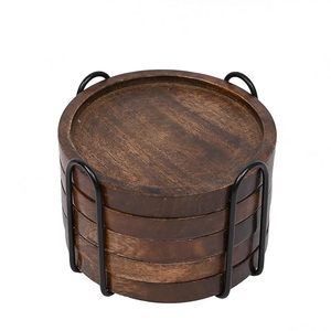 Posavasos Artesanales de Madera de Mango para Bebidas, Juego de 5 |   Posavasos Redondos Rústicos de Madera con Soporte de Hierro Negro - Product Image 1