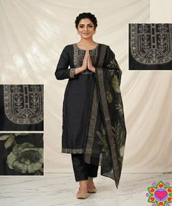 NOUVELLE ARRIVÉE - Ensemble haut, bas et dupatta en coton slub tissé, pour tenue de fête, prix de gros, luxe, séchage rapide, vêtement ethnique, noir - Product Image 5