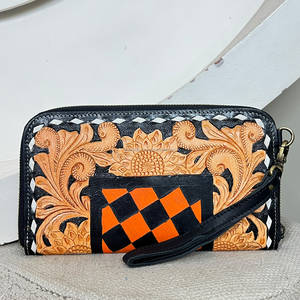 Pochette élégante en cuir véritable pour femmes, motif floral à carreaux, porte-cartes, pochette pour usage quotidien, portefeuille pour femmes - Product Image 4