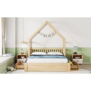 Letto a piattaforma matrimoniale in legno naturale con sponda di sicurezza e 2 cassetti per la cameretta dei bambini - Product Image 4