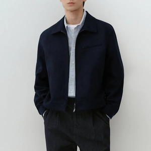 <b>Men's</b> Navy Cotton Shirt <b>Jacket</b> Turn-down Collar Zipper Closure <b>Casual</b> Autumn Wear Regular Fit Solid Color Woven Fabric - Product Image 1