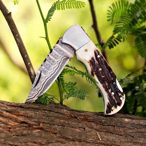 Cuchillo de caza de acero de Damasco con punta de gota y filo recto, mango de asta, espesor de 0.6mm, cuchillos plegables de bolsillo - Product Image 4