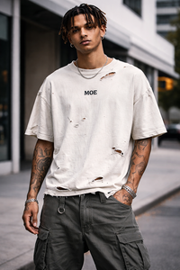 Camiseta de hombre de algodón de alto gramaje, estilo streetwear, corta, oversize, lisa, personalizable, con lavado vintage, corte boxy y efecto desgastado, OEM - Product Image 4