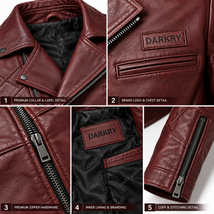 Chaqueta de Motociclista de Cuero Vacuno Genuino Color Borgoña, Cierre Asimétrico, Panel Geométrico, Unisex, Prenda Exterior para Motociclistas, Fabricación Personalizada - Product Image 6