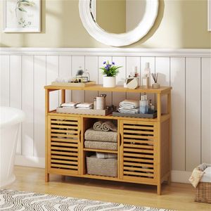 Natural Aesthetic Bamboo Bathroom Cabinet 2 Enclosed Spaces 1 Open Shelf 9\" Inner Cabinet Shelf Spacing 39\"x13.5\"x8\" - Product Image 3