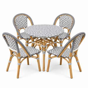 Juego de comedor de ratán para exteriores, mesa redonda de 4 plazas con sillas, patrón gris y blanco, muebles de jardín contemporáneos, resistentes a la intemperie - Product Image 1