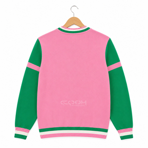 Cosh เสื้อสเวตเตอร์คาร์ดิแกนสำหรับผู้หญิงเสื้อสเวตเตอร์ถักสีเขียวตัดกันสีชมพูโลโก้ตามสั่ง - Product Image 4