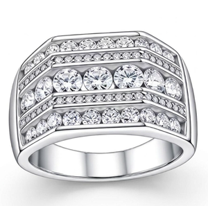 Anillo de Moissanita para Hombre, Estilo Hip Hop, Ancho, Geométrico, Tipo Cóctel, con Corte Brillante Redondo y Engaste de Bisel, Plata de Lujo - Product Image 3