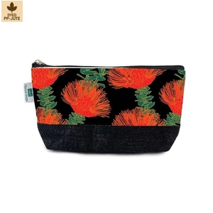 Sac cosmétique personnalisé en jute noir, imprimé floral, fermeture éclair, pochette à maquillage, écologique, vente en gros, OEM, marque privée, exportateur, fabricant B2B - Product Image 1