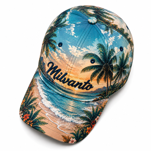 Casquette de baseball à 6 panneaux avec logo brodé personnalisé et sublimation |   Casquette snapback à imprimé palmiers tropicaux hawaïens sur toute la surface, réglable - Product Image 4
