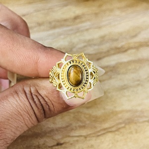 Hot Selling Flower Shape Brass <b>Ring</b> Tiger Eye Gold Plated <b>Statement</b> <b>Ring</b> Vintage Tribal Boho Floral Design Wholesale Women <b>Ring</b> - Product Image 4