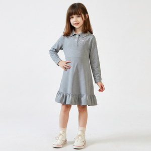 Girls Gray <b>Long</b> Sleeve Polo Dress with Ruffle Hem Embroidered Logo A-Line Knitted 100% Cotton Knee-Length Casual Style - Product Image 6