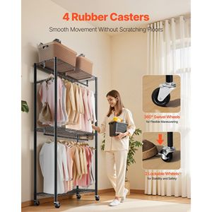Porte-vêtements à roulettes robuste à 3 niveaux en acier au carbone, capacité de charge de 450 lb - Product Image 6