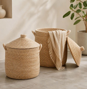 Tall Seagrass Storage <b>Basket</b> With <b>Lid</b> Handwoven Woven Organizer Round <b>Laundry</b> Hamper for Bathroom Home - Product Image 4