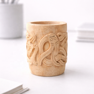 Mug en bois sculpté à la main moderne avec motif géométrique, autocollant pour les célébrations de Diwali et du Ramadan - Product Image 1