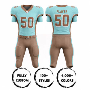 Ensemble de maillot et pantalon de football américain sublimé personnalisé pour homme, col en V, manches courtes, anti-humidité, ajusté, bleu et marron - Product Image 3