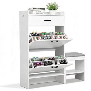 Scarpiera a 2 livelli bianca 100x25x117cm in truciolato con cassetto superiore a ribalta e panca imbottita, 1 gancio, mobile per soggiorno - Product Image 3