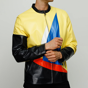 <b>Men's</b> Color Blocking PU Leather Bomber <b>Jacket</b> Stand Collar Zipper Closure Moto <b>Biker</b> Style Autumn Wear - Product Image 2