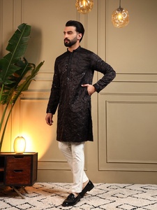 <b>Men</b> Black Glitter Silk <b>Kurta</b> Pajama Set Regular Fit Traditional Indian Pakistani Knee-Length Wrinkle Free Wedding Wear - Product Image 4