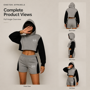 ONETEN APPARELS Ensemble short et sweat à capuche court pour femme, gris et noir, avec empiècements contrastants, en molleton, style sportswear, streetwear, décontracté, respirant, coupe ample - Product Image 4