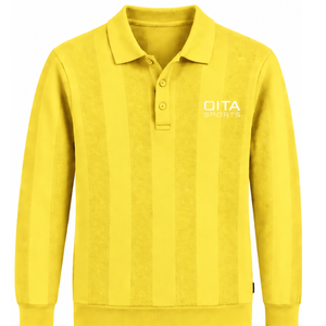 เสื้อโปโลถักแขนยาวสีเหลืองสดใสสำหรับผู้ชาย ลายทางแนวตั้งแบบมีเท็กซ์เจอร์ ปลายแขนเสื้อแบบริบ ดีไซน์สมาร์ทแคชชวล แฟชั่นพรีเมียม - Product Image 1