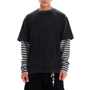 เสื้อยืดแขนสั้นสีดำทรงโอเวอร์ไซส์สำหรับผู้ชาย คอกลม สไตล์สตรีท สีพื้น ผ้าถัก คอตตอน ความยาวปกติ - Product Image 2