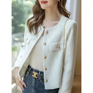 French Wool Tweed Women's High-end Coat with Gold Buttons Short-Slim Fit for Spring Autumn 2024 Korean Style - Product Image 1