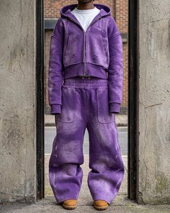 Ensemble deux pièces pour homme en coton délavé à l'acide, style streetwear décontracté, comprenant un sweat à capuche zippé oversize et un pantalon de survêtement. - Product Image 4