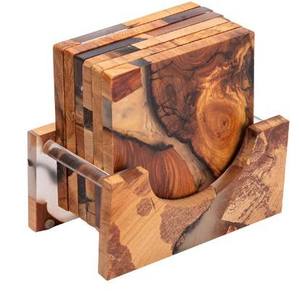 ชุดอุปกรณ์รองแก้วชาเรซิ่นลายสน งานฝีมือไม้ - Product Image 1