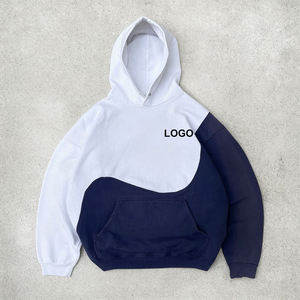 เสื้อฮู้ดดี้สีขาวกรมท่าแบบคัลเลอร์บล็อกสำหรับผู้ชาย ทรงโอเวอร์ไซส์ ไหล่ตก  แบบโค้ง  รับสกรีนโลโก้  ขายส่ง  DDP - Product Image 4