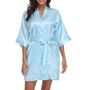 Wholesale Plain Satin Polyester Women's <b>Robes</b> Kimono Bathrobe V-neck Party <b>Beach</b> Bridal Bridesmaid Wedding Sleepwear Custom Logo - Product Image 1